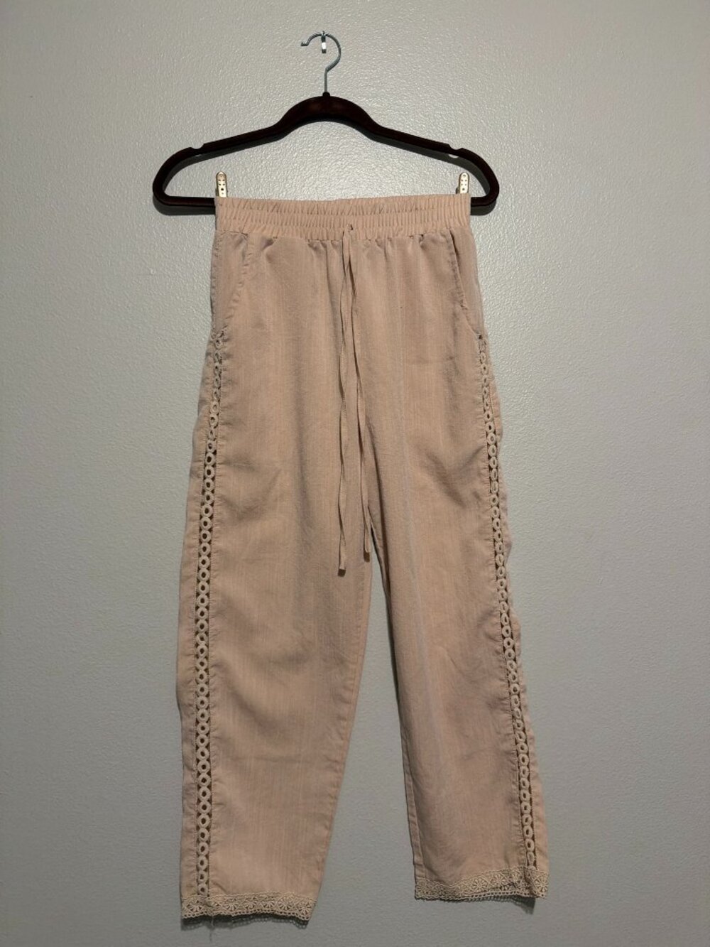 SHEIN Beige Crochet Lace Trim Drawstring Pants